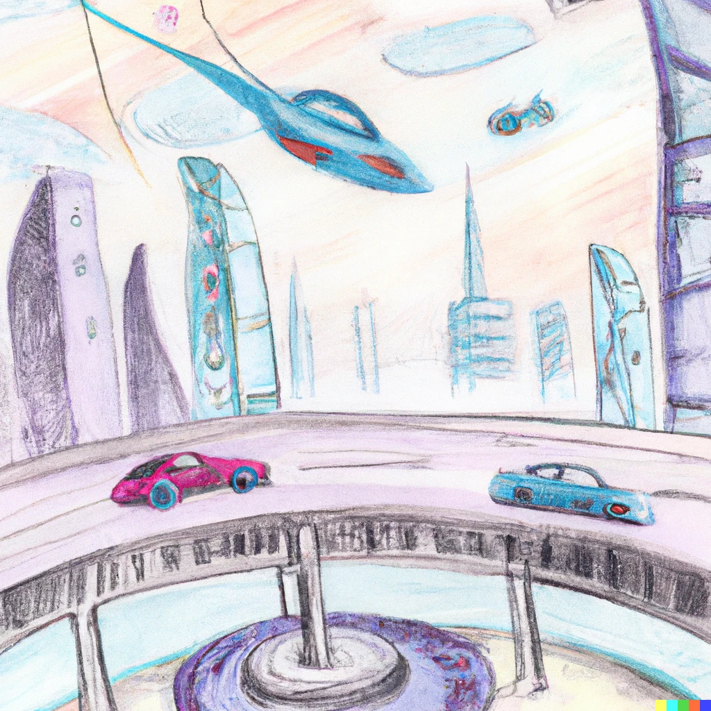 A pencil and watercolor drawing of a bright city in the future with flying cars